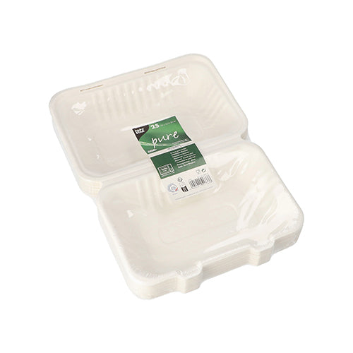 Ein Stapel weißer PAPSTAR 25 Menüboxen „pure“ aus nachhaltigem Zuckerrohr von PAPSTAR GmbH, geriffelte Seiten und Klarsichtfolie, mit grünem Etikett – ideal für umweltfreundliches Take-Away Catering.