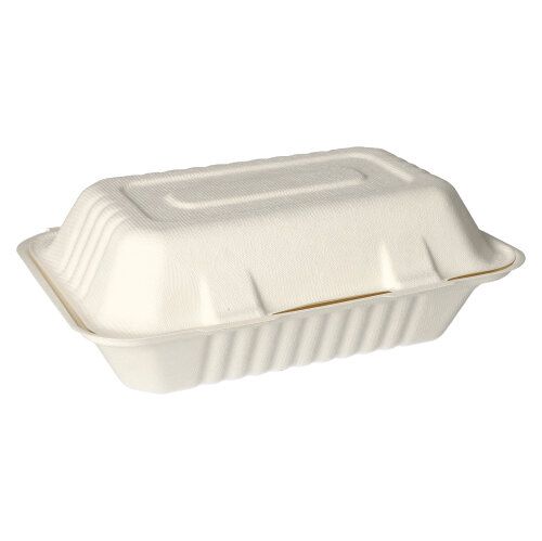 Die PAPSTAR 25 Menüboxen, Zuckerrohr "pure" weiss der PAPSTAR GmbH sind rechteckige, weiße, biologisch abbaubare Take-away-Behälter mit Klappdeckel – ideal für Gastronomie und Take-away. Geschlossen auf schlichtem, weißem Hintergrund abgebildet.