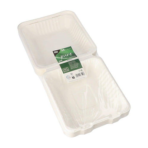 Ein Stapel PAPSTAR 25 Menüboxen aus weißem, nachhaltigem Zuckerrohr mit geriffelten Seiten, teils foliert und grünem Etikett – von PAPSTAR GmbH, ideal für Take-Away-Catering.