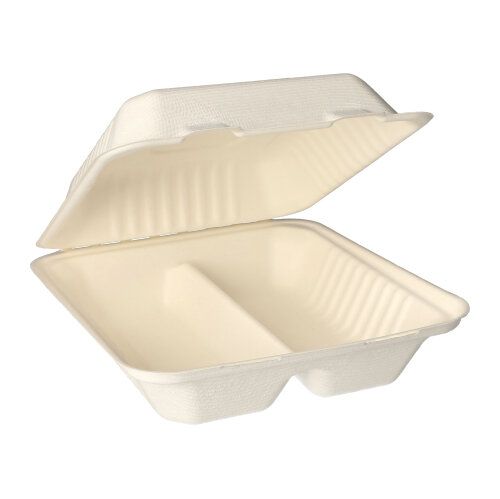 Die PAPSTAR 25 Menüboxen, Zuckerrohr „pure“ weiss der PAPSTAR GmbH sind offene, weiße, rechteckige Take-away-Behälter mit zwei Fächern aus nachhaltigem Zuckerrohr, perfekt für die Außer-Haus-Verpflegung, abgebildet auf schlichtem weißem Hintergrund.