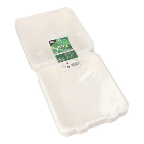 Ein Stapel weißer PAPSTAR 25 Menüboxen aus Zuckerrohr „pure“, quadratisch mit Klappdeckel, kompostierbar und nachhaltig, ideal für Take-Away Catering. Verpackt in Folie mit grün-weißem Etikett der Marke PAPSTAR GmbH.