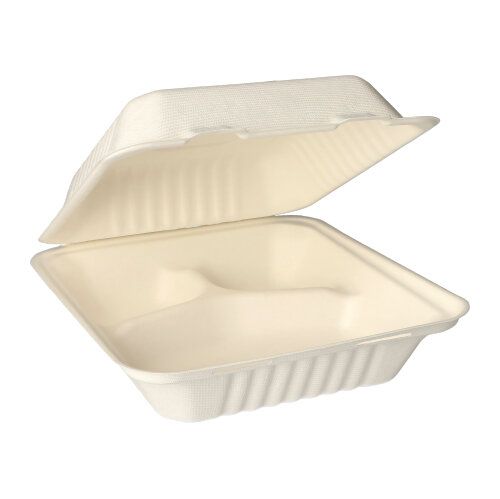 Die PAPSTAR 25 Menüboxen aus nachhaltigem Zuckerrohr „pure“ in Weiß von PAPSTAR GmbH mit unterteilten Fächern und Klappdeckel sind als umweltfreundliche Take-Away-Behälter vor weißem Hintergrund abgebildet.
