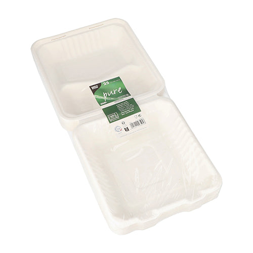 Eine geöffnete PAPSTAR GmbH 25 Menüboxen aus Zuckerrohr „pure“ weiss gibt den Blick auf ihr leeres, weißes, rechteckiges Inneres frei, auf der Innenseite des Deckels ist ein grün-weißes Produktetikett und ein Barcode sichtbar.