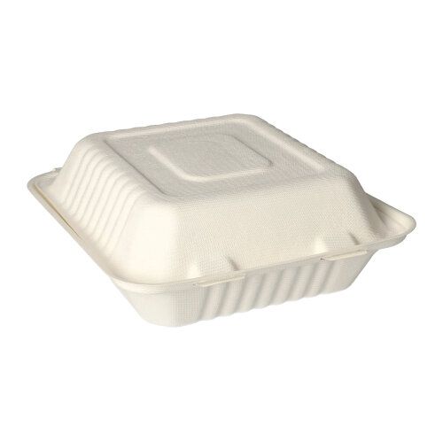 Die PAPSTAR 25 Menüboxen, Zuckerrohr "pure" weiss der PAPSTAR GmbH sind geschlossene, quadratische, weiße, biologisch abbaubare Menüboxen aus nachhaltigem Zuckerrohr – ideal für umweltfreundliches Catering und Take-away. Abgebildet auf schlichtem, weißem Hintergrund.
