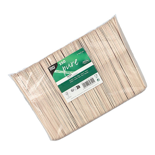 Eine Klarsichtverpackung enthält 250 PAPSTAR „pure“ Holzmesser (16,5 cm) – ideal für den hygienischen Einsatz bei Veranstaltungen und Festen. Das grün-weiße Etikett zeigt die Marke der PAPSTAR GmbH, Produktinformationen sowie verschiedene Recycling- und Zertifizierungssymbole.