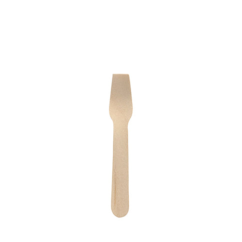 Ein PAPSTAR 250 Eislöffel Holz „pure“ (9,4 cm) der PAPSTAR GmbH mit flachem Griff und drei kurzen, flachen Zinken liegt zentriert vor weißem Hintergrund.
