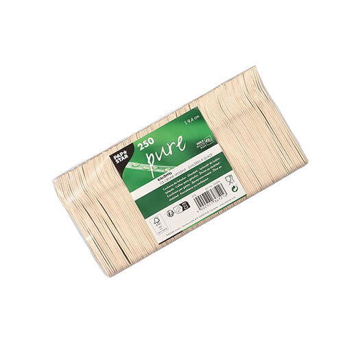 Abgebildet ist eine Packung mit 250 PAPSTAR Eislöffeln Holz „pure“ 9,4 cm Rührstäbchen der PAPSTAR GmbH, gestapelt in einer Klarsichtfolienverpackung mit grün-weißem Etikett, auf dem Produktdetails und Barcodes zu sehen sind. Hergestellt aus nachhaltigem Holzmaterial.