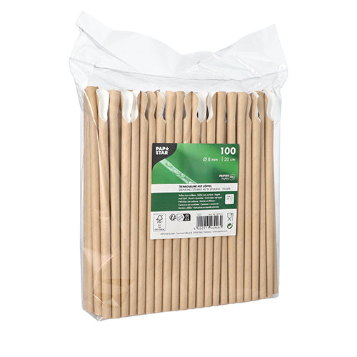 Eine durchsichtige Kunststoffpackung enthält 100 Papier-Trinkhalme mit Löffel (Ø 8 mm, 20 cm) der PAPSTAR GmbH, ausgestattet mit einem grün-weißen Frontetikett mit Produktinformationen und Symbolen.