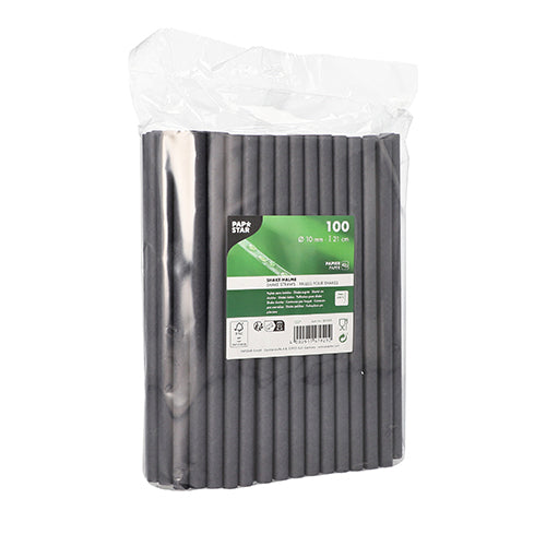 Eine durchsichtige Kunststoffpackung mit 100 schwarzen Shake-Trinkhalmen aus Papier der PAPSTAR GmbH (Ø 10 mm, 21 cm), beschriftet mit Produktdetails und Recyclinginformationen – perfekt für umweltbewusste Gastgeber.