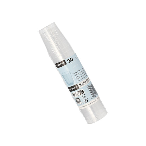 Eine gerollte Packung mit 20 Starpak unzerbrechlich Mehrweg-Schnapsgläsern (2 cl, Ø 3,7/4,2 cm) in transparenter Folie mit blau-weißem Etikett und Barcode. Die Gläser sind stapelbar und zum Einmalgebrauch bestimmt.