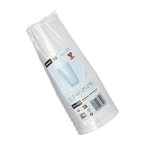 Der Starpak 10 Mehrweg-Trinkbecher PP transluzent unzerbrechlich von Starpak wird in einer Kunststoffverpackung mit Produktetiketten, Recyclingsymbolen und einem Barcode auf der Außenseite geliefert.