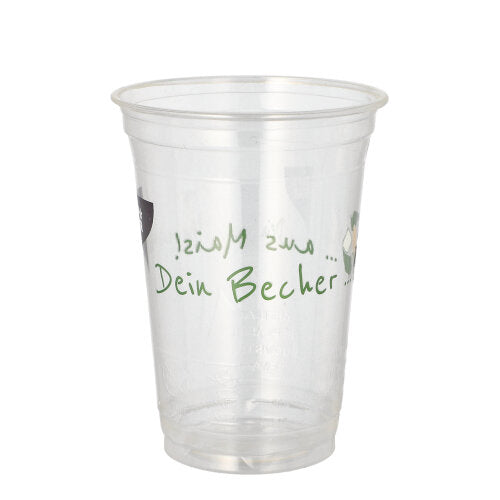 Ein transparenter, biologisch abbaubarer Becher der PAPSTAR GmbH aus PLA („Becher aus Mais“) mit grünem deutschen Text ist leer und steht auf einem schlichten weißen Hintergrund. Der umweltfreundliche PAPSTAR 50 Trinkbecher PLA ist aufrecht abgebildet.