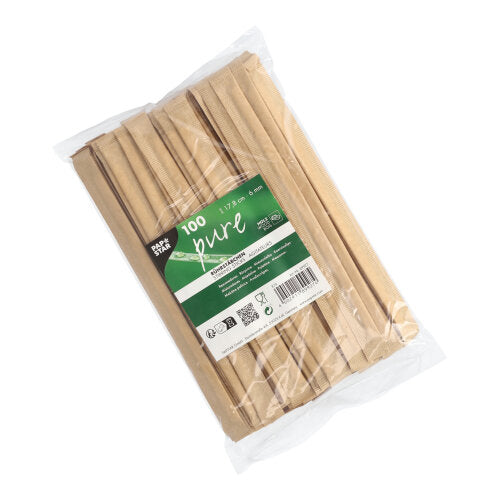 Eine Klarsichtverpackung der PAPSTAR GmbH enthält 100 einzeln verpackte Rührstäbchen aus Holz „pure“ (17,8 cm x 6 mm). Ein grün-weißes Etikett auf der Vorderseite zeigt den Produktnamen und die Zertifizierungen.