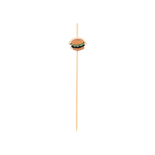 Der PAPSTAR 100 Fingerfood - Picker der PAPSTAR GmbH ist ein Bambus-Holzspieß, der mit einem kleinen dekorativen Hamburger versehen ist, der auf einem schlichten weißen Hintergrund abgebildet ist.