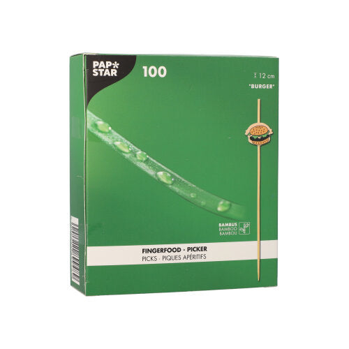 Eine grüne Schachtel der PAPSTAR GmbH 100 Fingerfood - Picker mit der Aufschrift "BURGER" enthält 100 Bambuspickel (12 cm lang), auf deren Vorderseite die Abbildung eines Pickers und mehrsprachige Produktinformationen abgebildet sind.