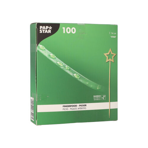 Eine grüne Schachtel der PAPSTAR GmbH mit der Aufschrift "PAPSTAR 100 Fingerfood - Picker" enthält 100 Bambuspickel. Die Verpackung zeigt einen sternförmigen Picker, Wassertropfen und mehrsprachige Produktinformationen.