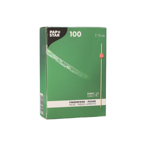Die 100 Fingerfood-Picker der PAPSTAR GmbH sind in einer grünen Box mit 12 cm langen Holzpickern und mehrsprachiger Produktinformation verpackt - ideal für die Dekoration von Buffets. Auf der Vorderseite ist ein Picker abgebildet.