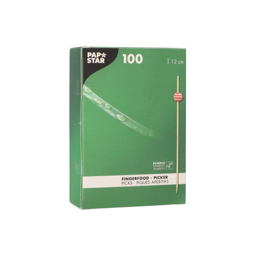 Die grüne Schachtel des PAPSTAR 100 Fingerfood-Pickers von PAPSTAR GmbH zeigt ein Holzpickelbild. Die Schachtel enthält 100 Bambuspickel, jeder 12 cm lang, mit Produktinformationen in mehreren Sprachen auf der Vorderseite.