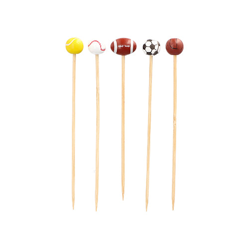 Der PAPSTAR 100 Fingerfood - Picker der PAPSTAR GmbH verfügt über fünf Picker mit Sportball-Dekorationen - Tennis, Baseball, Football, Soccer und Basketball - ideal für Partys und aufrecht vor weißem Hintergrund angeordnet.