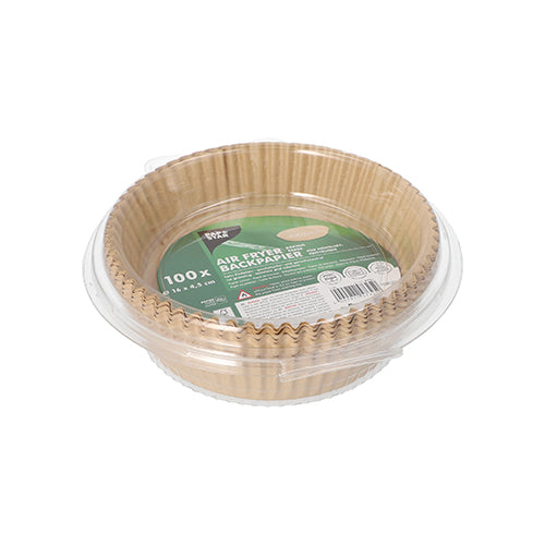 Eine Vorratsdose mit grünem Etikett „PAPSTAR 100 Backpapiere für Heißluftfritteusen Höhe 4,5 cm“ (Marke PAPSTAR GmbH) steht vor weißem Hintergrund und enthält runde Backpapier-Liner zur perfekten Bräunung.