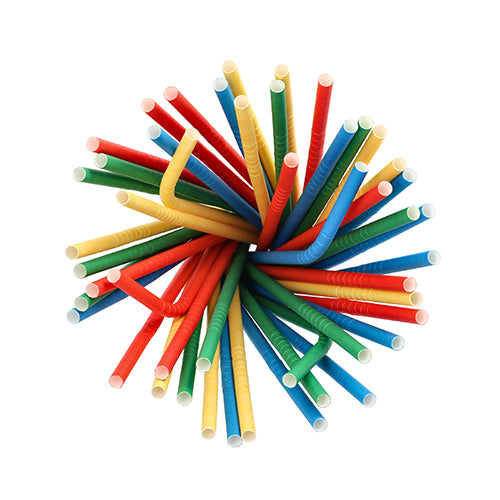 Ein Bündel von 100 flexiblen, farbig sortierten Papiertrinkhalmen (Ø 6 mm, 20 cm) der PAPSTAR GmbH, radial angeordnet, teilweise gebogen, teilweise gerade, von oben auf weißem Hintergrund betrachtet.