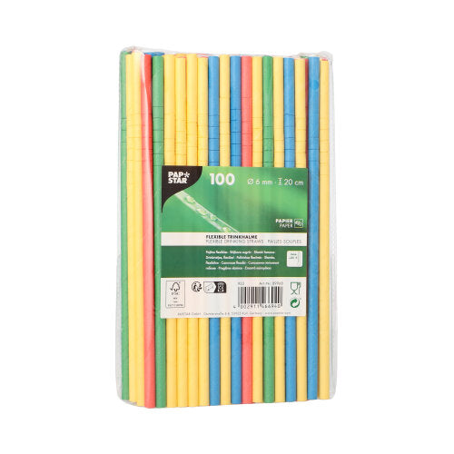 Eine transparente Kunststoffverpackung enthält 100 flexible, mehrfarbige Papiertrinkhalme (Ø 6 mm, 20 cm) der PAPSTAR GmbH. Das Frontetikett zeigt die Marke „PAPSTAR“ und Produktinformationen in mehreren Sprachen.