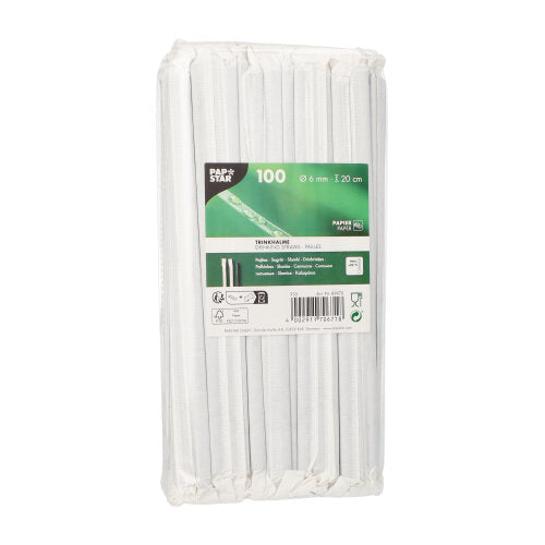 Die PAPSTAR GmbH 100 Trinkhalme, Papier Ø 6 mm sind 20 cm lange Papierstrohhalme, die einzeln in klarem Kunststoff verpackt sind und ein grün-weißes Etikett mit den Produktangaben tragen.