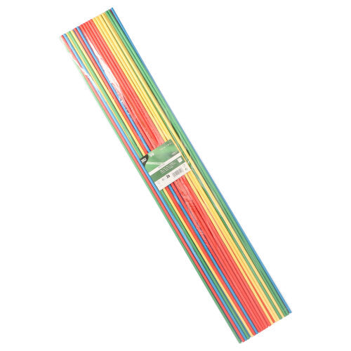 Eine Packung mit 50 Maxi-Papier-Trinkhalmen (80 cm, Ø 6 mm) der PAPSTAR GmbH in verschiedenen Farben (rot, gelb, grün, blau), vertikal angeordnet mit einem grün-weißen Mitteletikett.