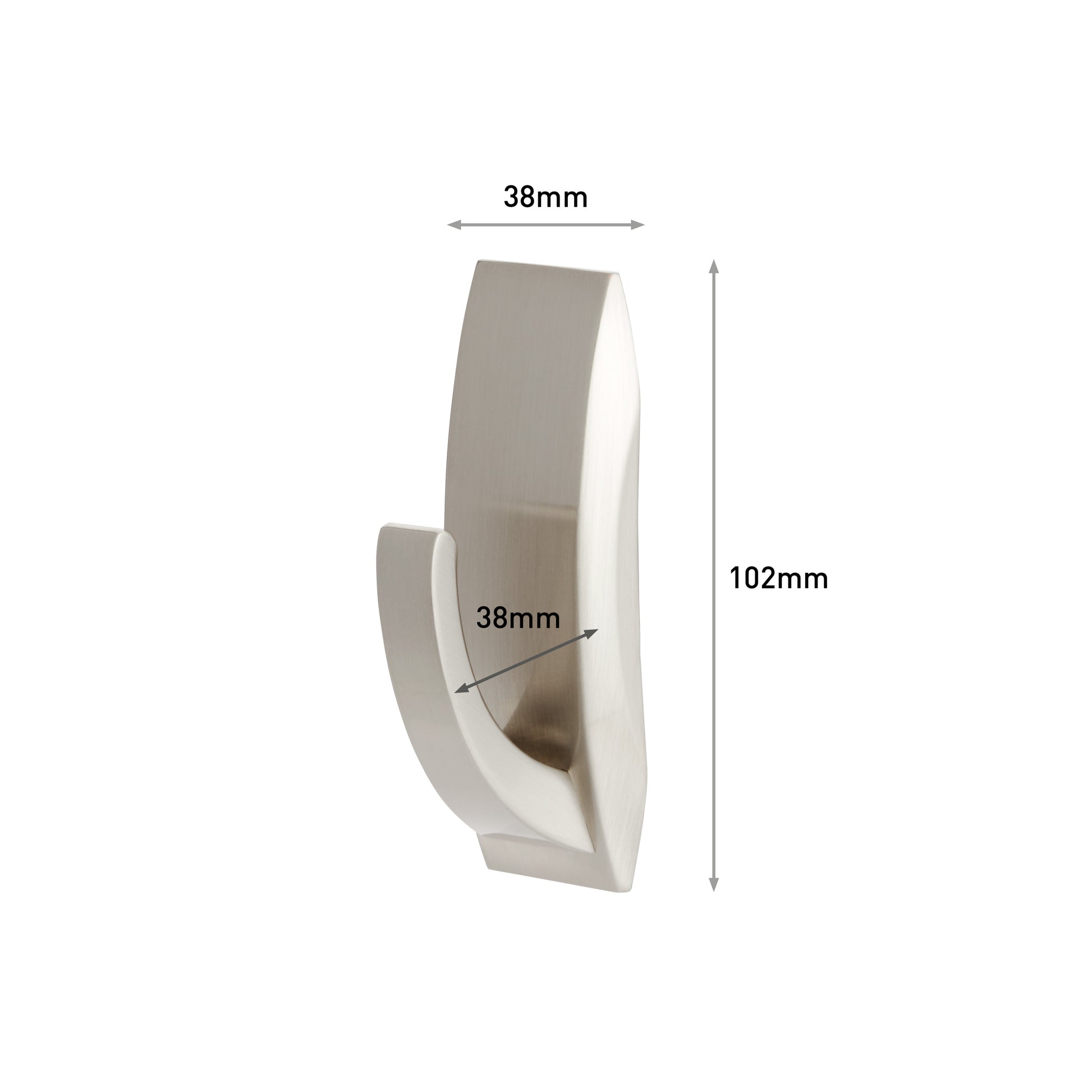 Der Command™ Bad Metallhaken "Modern Reflection" von 3M Deutschland GmbH ist vor einem weißen Hintergrund mit beschrifteten Abmessungen abgebildet: 102 mm Höhe, 38 mm Breite und Tiefe. Der Wandhaken hat ein elegantes gebürstetes Metallfinish.