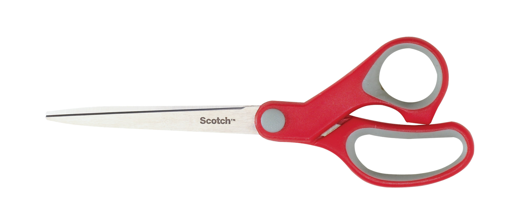 Eine Scotch™ Komfortschere der 3M Deutschland GmbH mit roten und grauen Kunststoffgriffen und Klingen aus rostfreiem Stahl, abgebildet vor einem weißen Hintergrund.