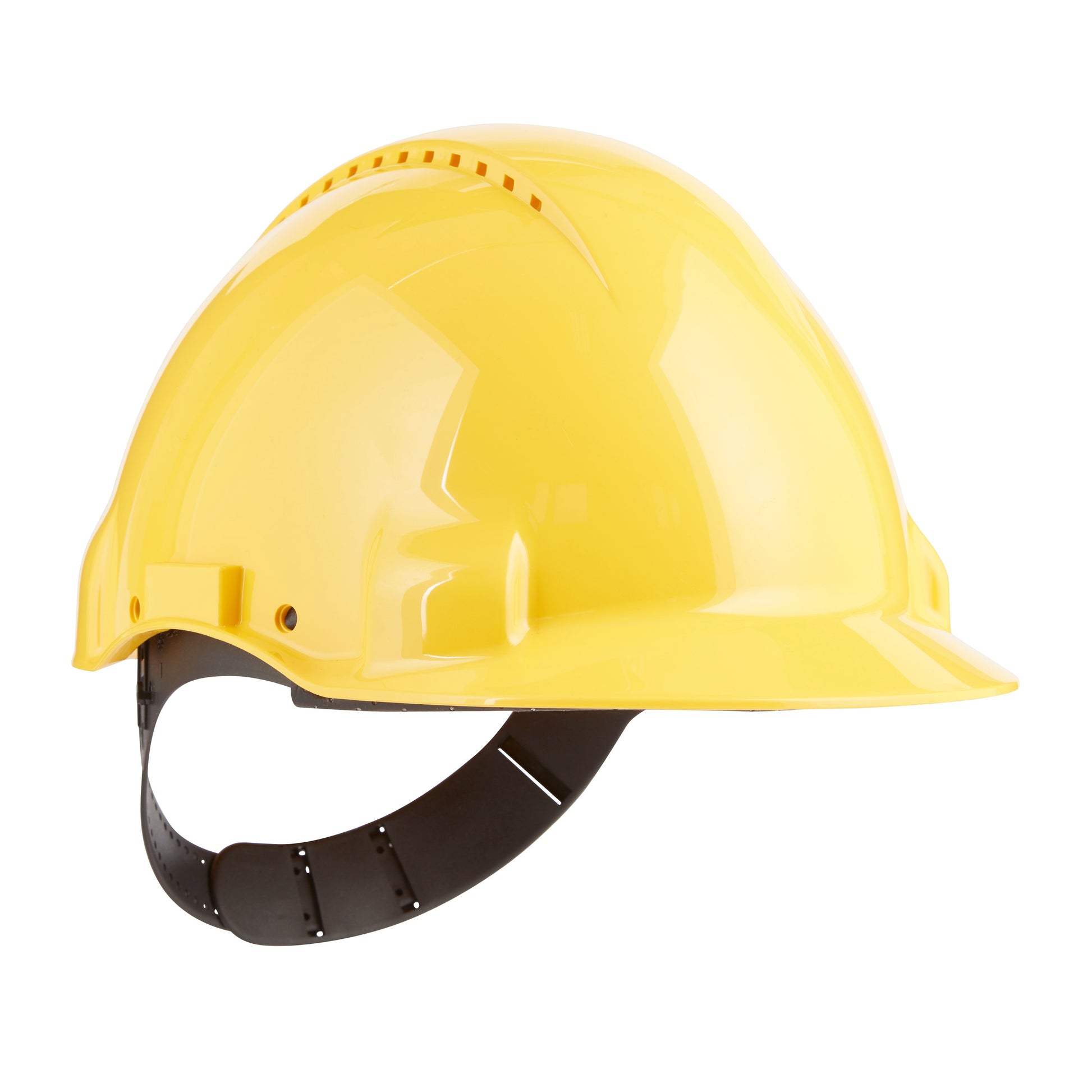 Der 3M™ Schutzhelm G3000C Uvicator von 3M Deutschland GmbH ist ein gelber Schutzhelm mit schwarzer Arretierstiftverstellung und integriertem Uvicator-Sensor, konzipiert für optimalen Arbeitsschutz, dargestellt auf weißem Hintergrund.