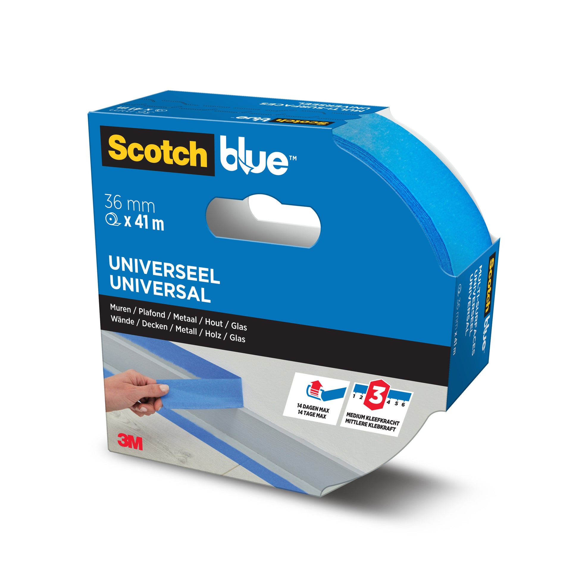 Eine Rolle 3M Deutschland GmbH ScotchBlue™ Malerabdeckband "Multi-Surface", 36 mm x 41 m, in blauer Verpackung. Die Verpackung zeigt die Verwendung auf Wänden, Metall, Holz und Glas, was die universelle Kompatibilität unterstreicht.