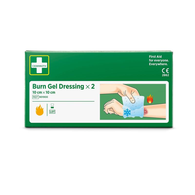 Eine Packung (2 Stück) Cederroth Verbrennungsgel verband 10x10 cm von Orkla Wound Care AB. Die Box zeigt Erste Hilfe Verbrennungen mit Flammen- und Kühl-Symbolen für schnelle Schmerzlinderung.
