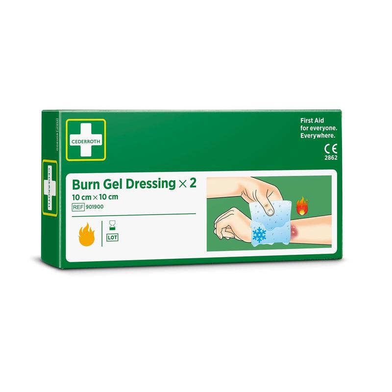 Eine grün-weiße Schachtel von Orkla Wound Care AB Cederroth Burn Gel Verband 10x10 cm, 2er-Pack (2 Stück), zeigt eine Abbildung eines kühlenden Gel-Pads, das auf Verbrennungen an einem Arm aufgelegt wird. Die Packung enthält zwei Verbände.