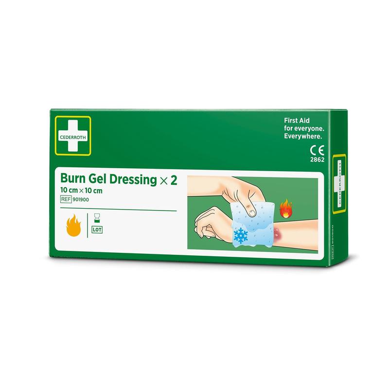 Eine grün-weiße Schachtel mit der Aufschrift "Cederroth burn gel verband 10x10 cm, 2er-pack | Packung (2 Stück)" von Orkla Wound Care AB zeigt Hände, die den Verband auf einer Unterarmverbrennung anbringen, mit Erste Hilfe-Symbolen und Behandlungsabbildungen.