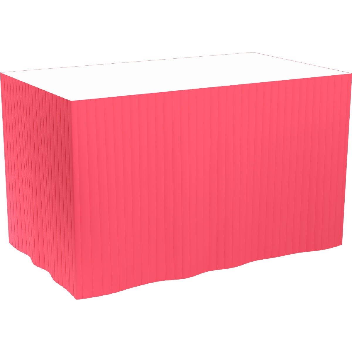 Ein rechteckiger Tisch mit weißer Platte wird an drei Seiten mit einem leuchtend pinkfarbenen Duni GmbH Dunicel-Tableskirt (selbstklebend, 72 cm, 5 x 4 m) drapiert, der durch seine selbstklebende Konstruktion einen schnellen Aufbau ermöglicht.