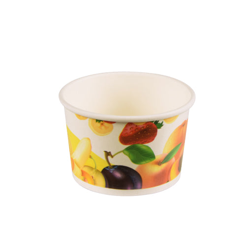 Der Starpak 50 Eisbecher, Pappe rund von Starpak ist ein kleiner, umweltfreundlicher Einweg-Eisbecher mit Fruchtaufdrucken – darunter Erdbeere, Banane, Pflaume und Pfirsich – auf weißem Hintergrund.
