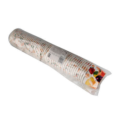 Eine Packung mit 50 Starpak Eisbechern aus Pappe, rund, im praktischen Plastikwickel – ideal als umweltfreundliche Einweg-Eisbecher mit fruchtigem Design für Ihre nächste Party.