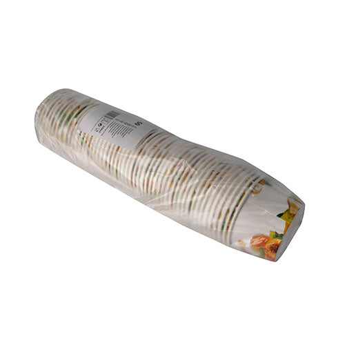 Ein Stapel von 50 Eisbechern, Pappe rund von Starpak, ist in transparente Plastikfolie eingewickelt und trägt oben ein sichtbares Barcode-Etikett. Die runden Pappbecher zeichnen sich durch ein farbenfrohes Design am Rand aus.