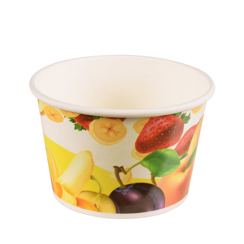 Der Starpak 50 Eisbecher, Pappe rund von Starpak ist ein kleiner, leerer Einweg-Eisbecher mit einem farbenfrohen Fruchtdesign – Bananen, Erdbeeren, Pflaumen, Pfirsiche und Aprikosen – auf gelb-weißem Hintergrund. Perfekt zum stilvollen Servieren von Eis.