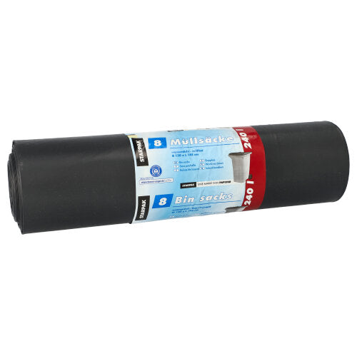 Ein Paket mit 8 großen schwarzen Starpak Müllsäcken, LDPE „Blauer Engel“, 240L (145x120 cm), mit einer blau/roten Banderole mit einer Mülltonne, deutsch/englischen Informationen und dem Umweltzeichen „Blauer Engel“.