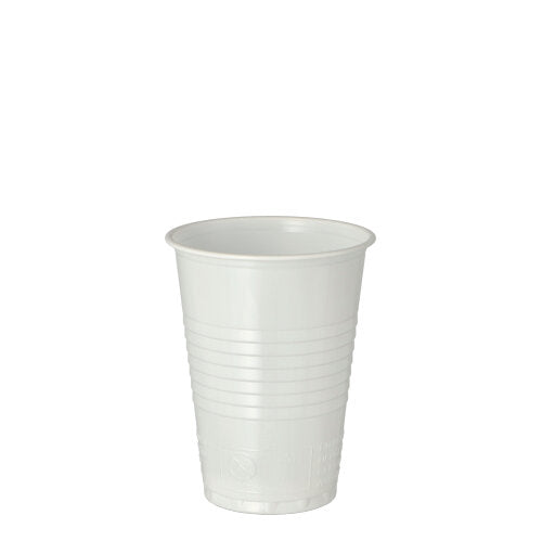 Ein Starpak 100 Trinkbecher aus weißem Polystyrol (PS), 0,18 l Fassungsvermögen, Ø 7,03 cm × 9,1 cm, steht aufrecht mit leicht ausgestelltem Rand und horizontalen Rillen; automatengängig für bequemes Benutzen. Packung mit 100 Stück.