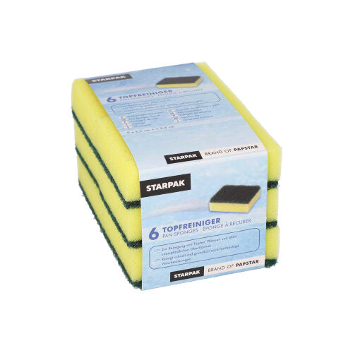 Eine Packung mit 6 rechteckigen Starpak Topfreiniger-Schwämmen (2,6x9x6,6 cm), gelb/grün, abrasiv, ist gestapelt und in einer blau-weißen Banderole mit Produktdetails verpackt.