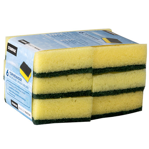 Eine Packung mit sechs rechteckigen Starpak Topfreiniger-Küchenschwämmen (2,6 x 9 x 6,6 cm) in Gelb/Grün mit kratzfester Oberfläche und Banderolenverpackung; die eckige Form bietet bequemen Halt beim Schrubben.