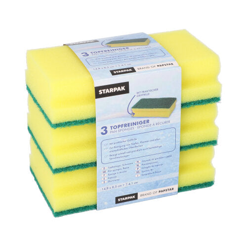 Eine Packung mit 3 rechteckigen gelb/grünen Starpak Jumbo-Schwämmen mit Griffrille und kratzfester Oberfläche (4,1 x 14,8 x 8,5 cm), in einer Banderole, ideal für die effektive Reinigung von Töpfen und Pfannen.