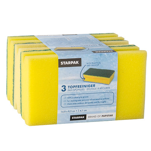 Eine Packung mit drei rechteckigen Jumbo-Schwämmen (4,1 x 14,8 x 8,5 cm, gelb/grün, mit Griffrille, Scheuerseite) von Starpak Topfreiniger, mehrsprachig beschriftet für eine effektive Reinigung.