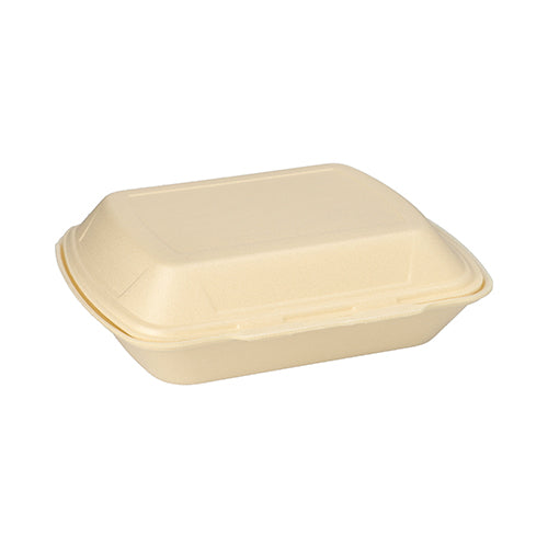 Abgebildet ist eine geschlossene beigefarbene Starpak Menübox (XPS, ungeteilt, 7,5x24,3x20,8 cm) mit Scharnierdeckel aus dem Starpak 100 Menüboxen Set auf einfarbig weißem Hintergrund.
