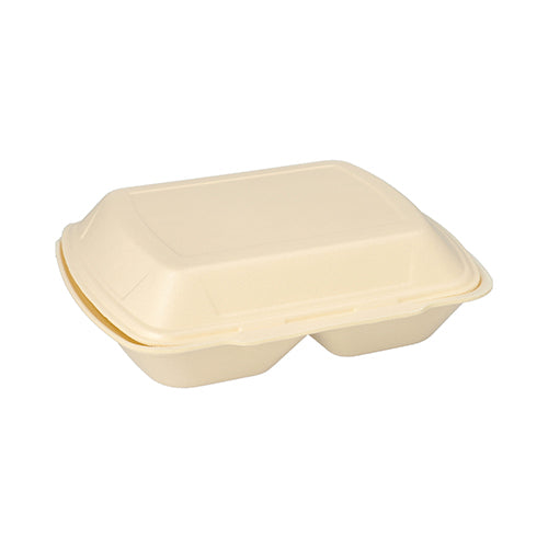 Eine geschlossene Starpak 100 Menüboxen mit Klappdeckel, XPS 2-geteilt (7,5 x 24,3 x 20,8 cm), ideal für Außer-Haus-Verkauf, liegt auf weißem Hintergrund.