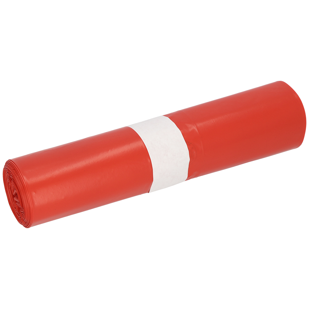 Eine Rolle DEISS 91044 roter Müllbeutel (Typ 70, 300+250x600 mm, Packung mit 25 Stück) von EMIL DEISS KG (GmbH + Co.), gesichert mit einem einfachen weißen Papierband, dargestellt auf weißem Hintergrund.
