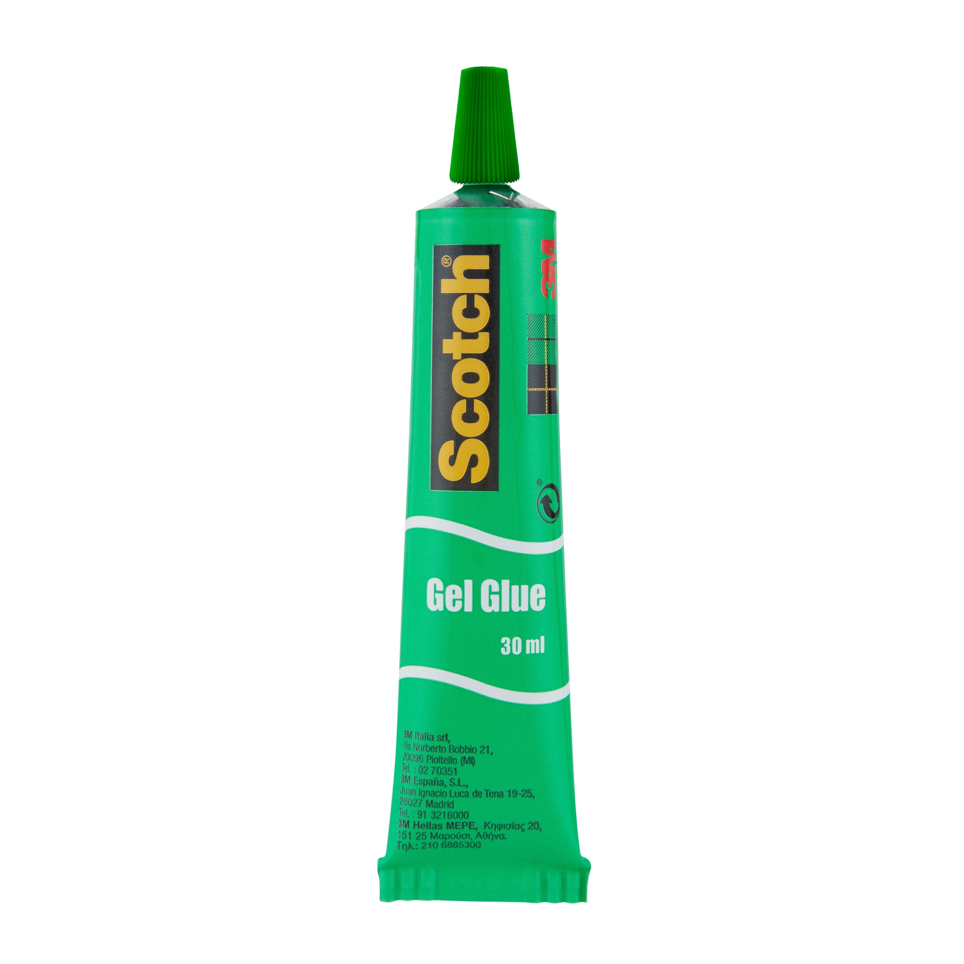 Eine grüne 30-ml-Tube Scotch® Flüssigkleber der 3M Deutschland GmbH mit grüner Kappe und einem Etikett mit "Scotch" in gelben, senkrechten Buchstaben und Produktangaben in Weiß.